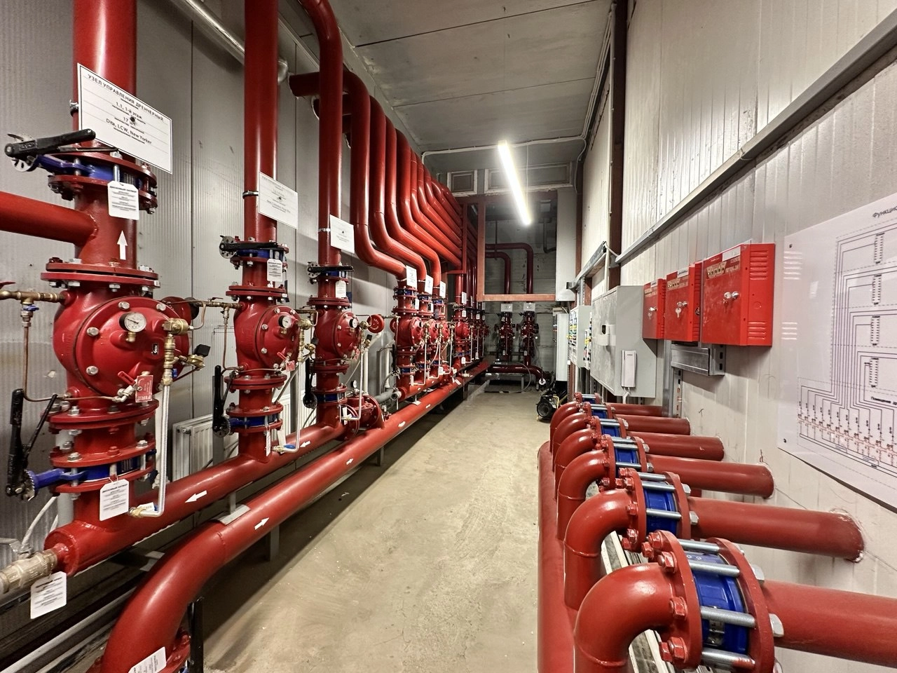 Red pipes and fittings in a water-based fire suppression system